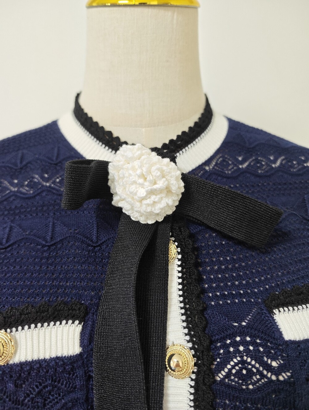 Self Portrait Navy Peplum Pointelle Knit Top - Picture 8 of 13
